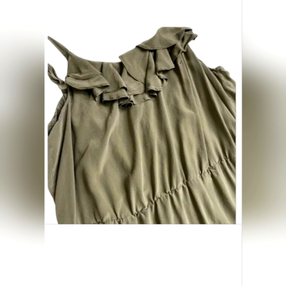 Calvin Klein Olive Green Silk Ruffle Front Dress, NWT - Picture 3 of 6